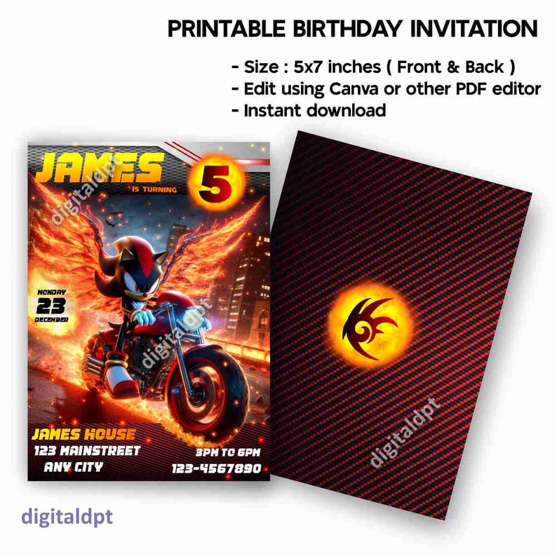 May include: Printable birthday invitation featuring a red and black illustration of a character from the Sonic the Hedgehog video game series riding a motorcycle with flames. The text "JAMES is turning 5" is at the top of the invitation. The back of the invitation has a red and black carbon fiber pattern with a yellow and red symbol in the center.