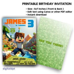 Cartão de convite de aniversário para menino, arquivos PDF de convite de aniversário editáveis, cartão de convite de aniversário do Minecraft