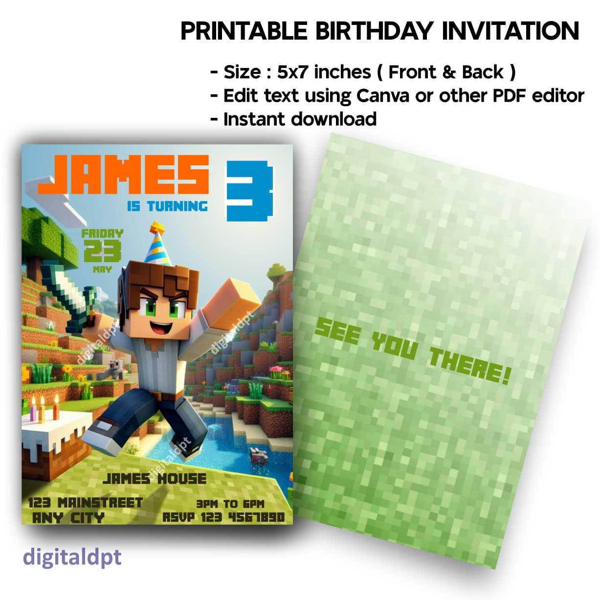 Editable PDF Minecraft Invite w/ Thank You Card