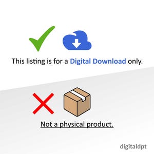 May include: A green checkmark and a blue cloud with a downward arrow indicate that this listing is for a digital download only. A red X and a brown box with a white stripe indicate that this is not a physical product.