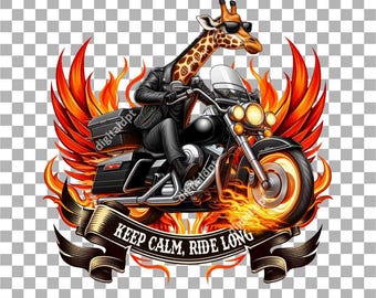 Divertente maglietta per bambini con giraffa motociclista, arte animale motociclista (PNG)