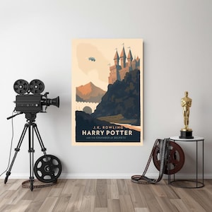 May include: A framed poster featuring a stylized illustration of Hogwarts Castle from the Harry Potter series. The poster has a vintage aesthetic with a color palette of beige, brown, and blue. The text "J.K. Rowling Harry Potter and the Chamber of Secrets" is displayed.