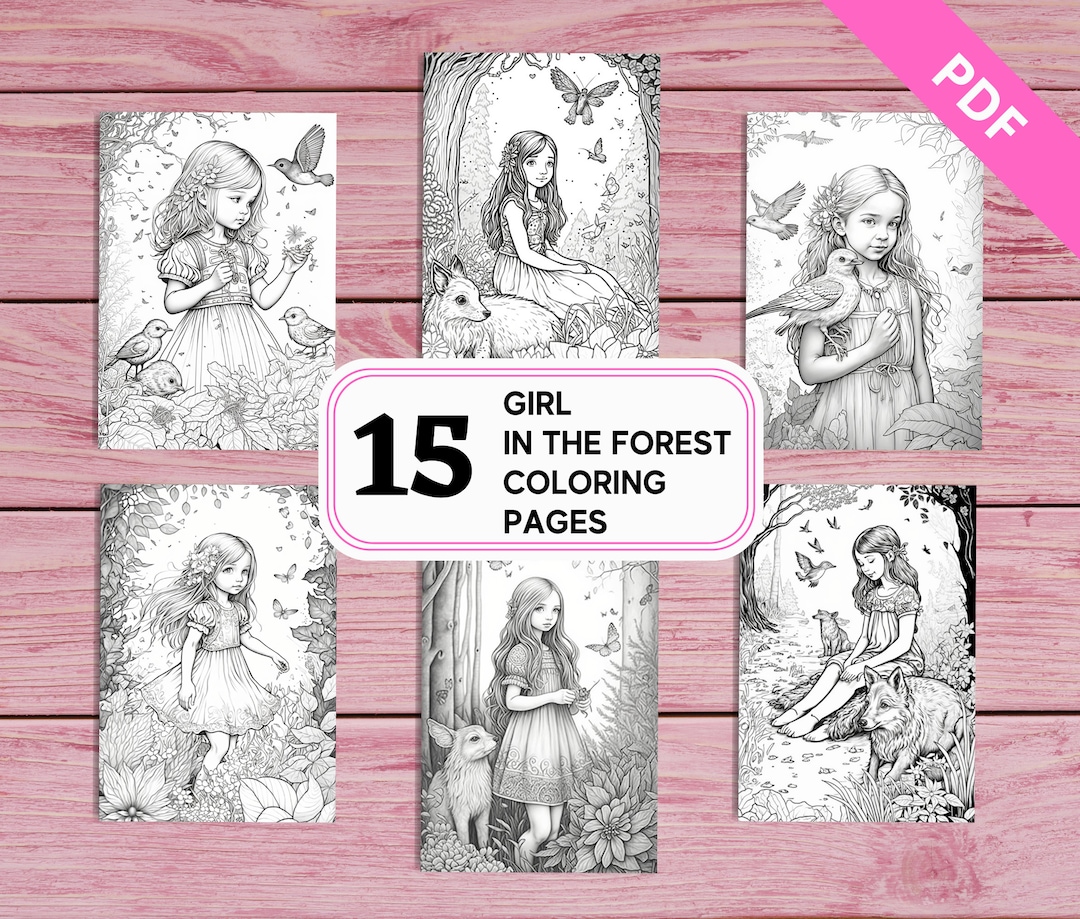 Little Girl in the Forest - 15 Coloring Pages | Printable PDF 10 Pages ...