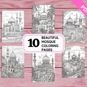 10 Beautiful Mosque Coloring Pages for Kids and Adults | Printable PDF 10 Pages A4 | Intricate Realistic Grayscale Coloring Sheets