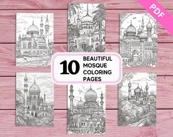 10 Beautiful Mosque Coloring Pages for Kids and Adults | Printable PDF 10 Pages A4 | Intricate Realistic Grayscale Coloring Sheets
