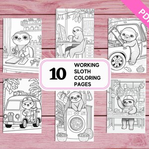 Bradipo che lavora - 10 pagine da colorare carine e divertenti per bambini e adulti / PDF stampabile 10 pagine A4 / Fogli da colorare con download istantaneo