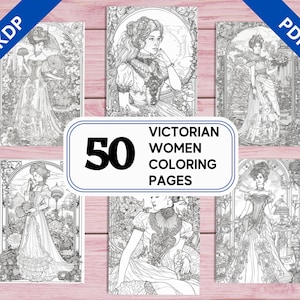 Pode incluir: Um conjunto de 50 páginas para colorir com mulheres vitorianas em várias poses e cenários. As páginas são em preto e branco e estão prontas para serem coloridas.