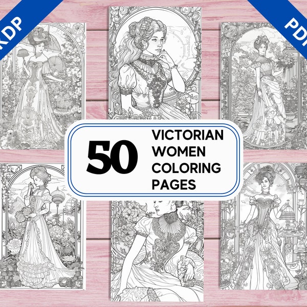 KDP Interior 50 Victorian Women Coloring Pages for Adults  | 8.5" x 11" Printable PDF | Instant Download Grayscale Intricate Colouring Sheet