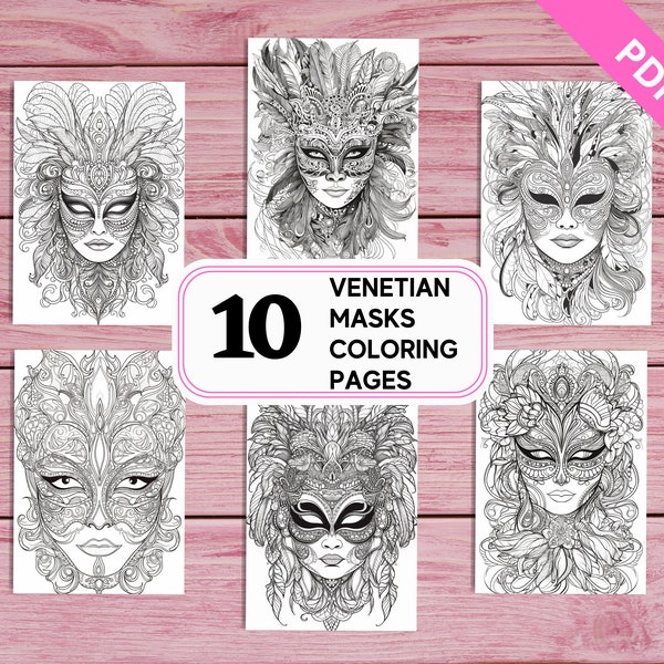 10 Venetian Masks Coloring Pages for Kids and Adults | Printable PDF 10 Pages A4 | Intricate Masquerade Mardi Gras Coloring Sheets