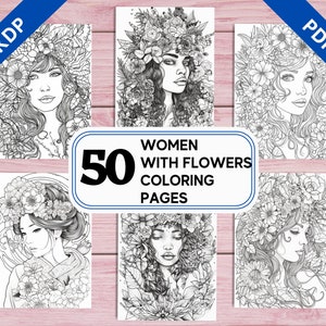KDP Interior 50 Schöne Frauen Mit Blumen Malvorlagen | 8,5 &quot;x 11&quot; druckbare PDF | Graustufen Illustrationen | Malbuch für Erwachsene