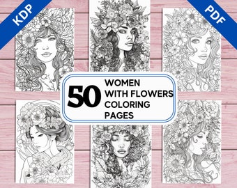 50 Women With Flowers Coloring Pages | Grayscale Illustrations (Printable PDF)