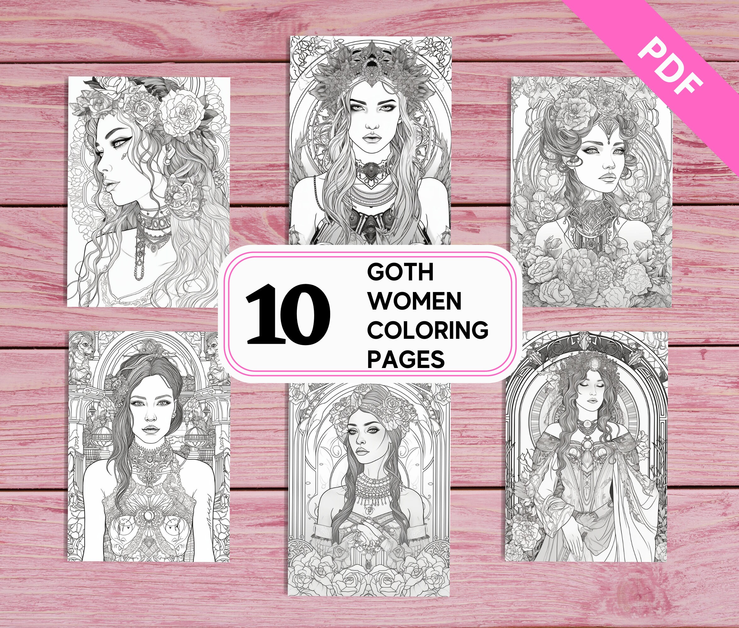 Goth Women Portraits - 10 Coloring Pages for Adults | Printable PDF 10 ...