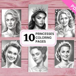 Beautiful Princesses Portraits - 10 Coloring Pages for Adults | Greyscale | Printable PDF 10 Pages A4 | Instant Download
