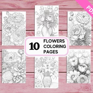 Blühende Blumen - 10 Ausmalbilder für Erwachsene | Druckbare PDF 10 Seiten A4 | Sofort Download | Für Frauen Mädchen Kinder Senioren