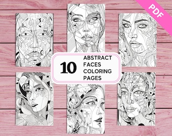 Abstract Faces Coloring Pages for Adults – 10 Geometric Surreal Designs (Printable PDF)