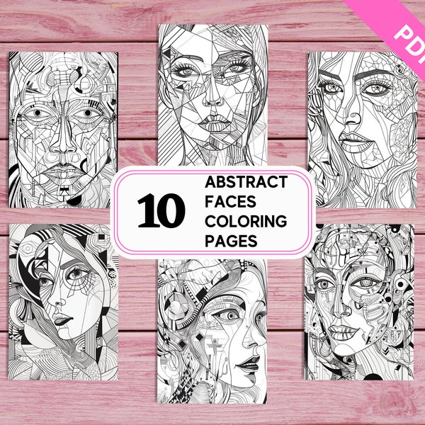 Abstract Faces - 10 Coloring Pages for Adults | Printable PDF 10 Pages A4 | Instant Download | Intricate Geometric Surreal Designs