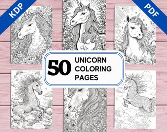 May include: A set of 50 unicorn coloring pages. The cover image shows five different black and white illustrations of unicorns with intricate details. The text "50 UNICORN COLORING PAGES" is displayed in a large font.