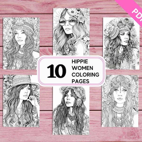 Hippie Women Portraits from 1970s - 10 Coloring Pages for Adults | Printable PDF 10 Pages A4 | For Girls Adults Women