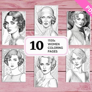 1920s Women Portraits - 10 Coloring Pages for Adults | Great Gatsby Art Deco | Printable PDF 10 Pages A4 | For Adults Women