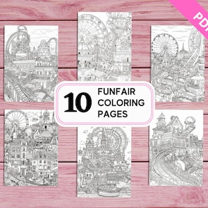 Funfair - Amusement Park - 10 Coloring Pages for Adults | Printable PDF A4 | Instant Download | for Fun Lovers | Unique Designs