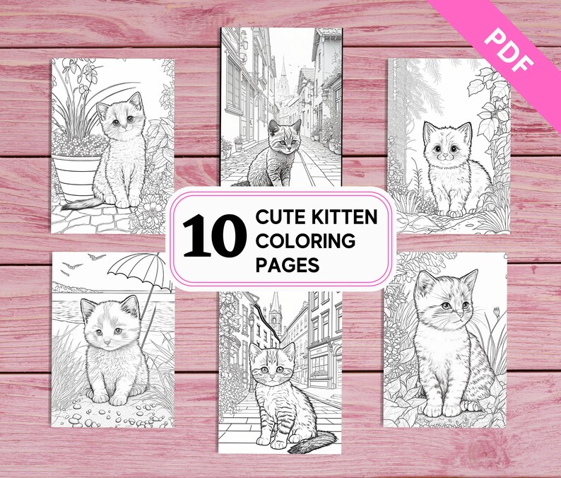 10 Cute Little Kitten Coloring Pages for Kids Printable PDF 10 Pages A4 ...