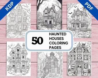 50 Haunted Houses Coloring Pages | Creepy Grayscale Illustrations (Printable PDF)