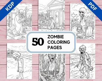 May include: A set of 50 black and white zombie coloring pages. The pages feature different zombies in various settings, including a graveyard, a beach, and a forest. The text "Zombie Coloring Pages" is printed in bold letters on a black banner.
