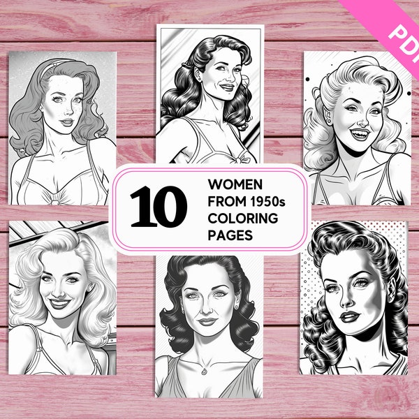 1950s Women Portraits - 10 Coloring Pages for Adults | Printable PDF 10 Pages A4 | For Girls Adults Women