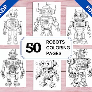 Puede incluir: Un conjunto de 50 páginas para colorear con robots de varios diseños. Las páginas son en blanco y negro y están listas para ser coloreadas. El título "Robots Coloring Pages" se muestra en una pancarta en la parte inferior de la imagen.
