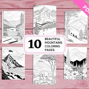 Beautiful Landscapes - Mountains - 10 Coloring Pages for Kids and Adults | Printable PDF 10 Pages A4 | Instant Download | For Adults