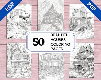 May include: A set of 50 coloring pages featuring beautiful houses. The pages are black and white and depict various styles of houses, including a desert house, a mountain house, a beach house, and a cottage. The text "BEAUTIFUL HOUSES COLORING PAGES" is displayed in the center of the image.