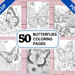 KDP Interior 50 Butterflies Coloring Pages | 8.5&quot; x 11&quot; Printable PDF | Intricate Insects Flowers Coloring Book for Adults
