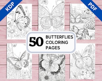 May include: A set of 50 coloring pages featuring butterflies in various poses and surrounded by flowers. The text "50 Butterflies Coloring Pages" is displayed in a large font.