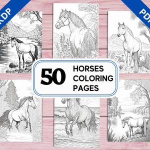 KDP Interior 50 Horses Coloring Pages | 8.5&quot; x 11&quot; Printable PDF | Realistic Illustrations | Kids, Teens & Adults Coloring Book