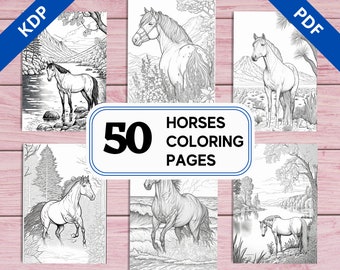 KDP Interior 50 Horses Coloring Pages | 8.5" x 11" Printable PDF | Realistic Illustrations | Kids, Teens & Adults Coloring Book