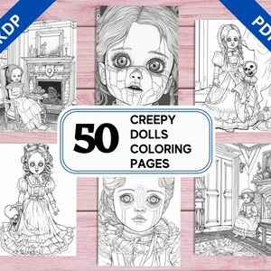 50 Gruselige Puppen Malvorlagen | Graustufen Illustrationen (druckbare PDF)