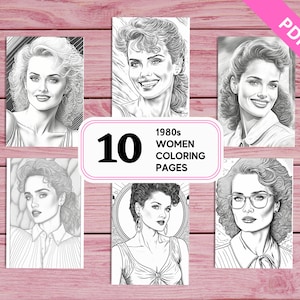 1980s Women Portraits - 10 Coloring Pages for Adults | Printable PDF 10 Pages A4 | For Girls Adults Women