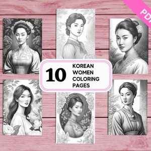 Korean Women Portraits - 10 Coloring Pages for Adults | Printable PDF 10 Pages A4 | Asian Women Greyscale Colouring Sheets