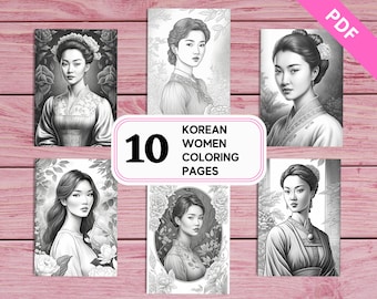 Korean Women Portraits Coloring Pages – 10 Printable Asian Greyscale Sheets (PDF)
