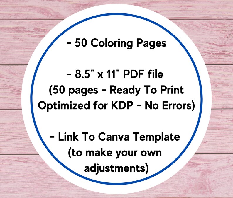 Pode incluir: Um c&iacute;rculo branco com uma borda azul cont&eacute;m texto que descreve um produto digital: 50 p&aacute;ginas para colorir, arquivo PDF de 8,5" x 11" (50 p&aacute;ginas - Pronto para imprimir Otimizado para KDP - Sem erros), Link para o modelo Canva (para fazer seus pr&oacute;prios ajustes).
