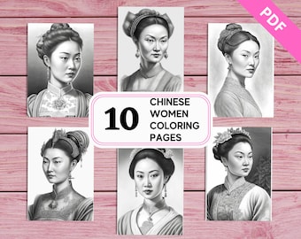 Chinesische Frauen Porträts 10x Ausmalbilder zum Ausdrucken (PDF)