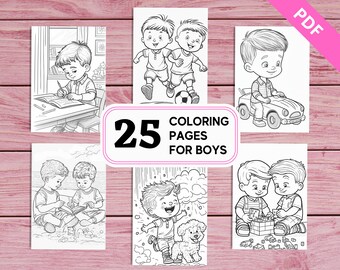 May include: 25 Coloring Pages for Boys. Black and white illustrations of boys playing sports, reading, building, and driving a toy car.
