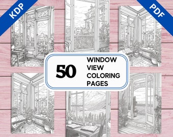 KDP Interior 50 Window View - Interior Design Architecture Coloring Pages | 8.5" x 11" Printable PDF | Greyscale Colouring Sheets for Adults