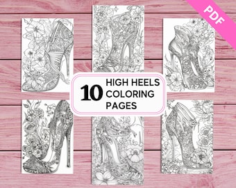 May include: Ten black and white coloring pages featuring high heels with intricate floral designs.  The pages are titled "High Heels Coloring Pages".