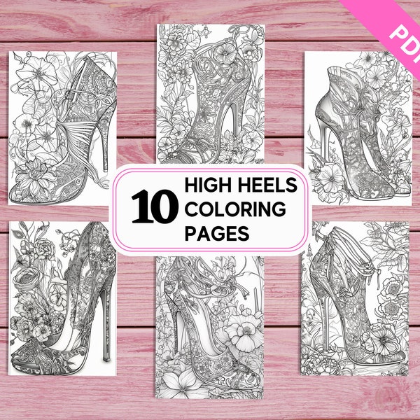 10 Beautiful Shoes - High Heels Coloring Pages for Kids and Adults | Printable PDF 10 Pages A4 | Intricate Grayscale Coloring Sheets