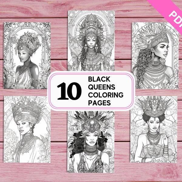 Black Queens - African Woman Portraits - 10 Coloring Pages for Adults | Printable PDF A4 | Instant Download | Greyscale Colouring Sheets