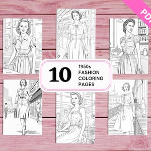 1950s Women Fashion - 10 Coloring Pages for Adults | Printable PDF 10 Pages A4 | For Girls Adults Women