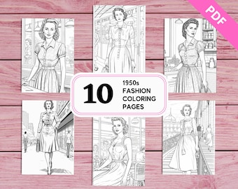 1950s Women's Fashion Coloring Pages – 10 Printable Designs (PDF)