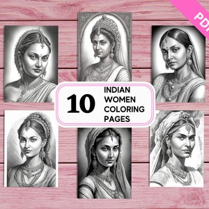 Indian Women Portraits - 10 Coloring Pages for Adults | Printable PDF 10 Pages A4 | Asian Women Greyscale Colouring Sheets
