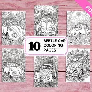 Beetle Car - 10 Coloring Pages for Adults | Printable PDF 10 Pages A4 | Vintage Groovy Retro Colouring Sheets